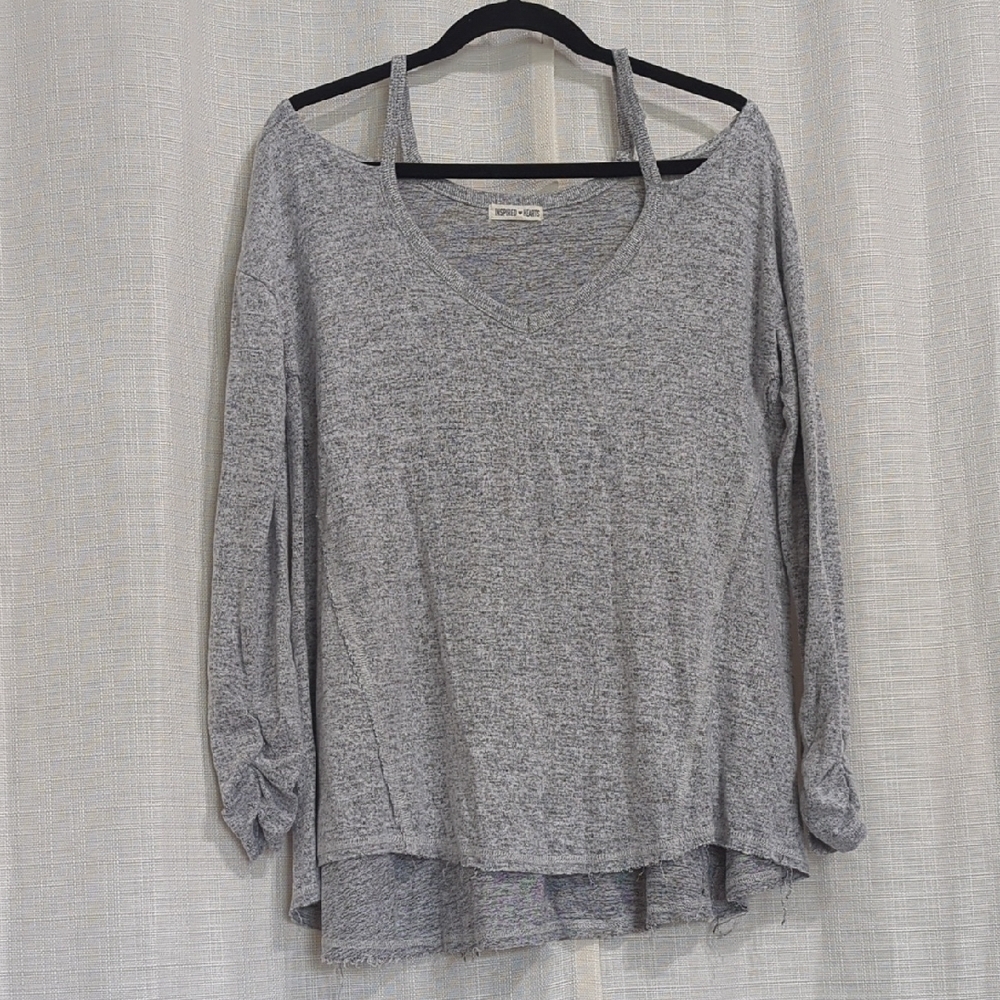 4/$20 Inspired Heart Sweatshirt Women's Gray V-Neck Cutout Shoulder Flare